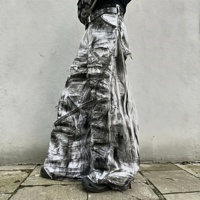 DIZNEW Jeans imprimés blanc, gris, noir, effet éclaboussures d'encre, logo graffiti, silhouette de ballon, coupe baggy, franges brutes, bretelles fendues, streetwear personnalisé