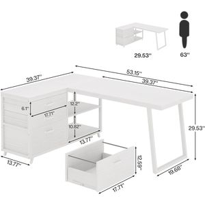 โต๊ะคอมพิวเตอร์อุตสาหกรรมรูปตัว L ขนาด 53 นิ้ว แบบพลิกกลับได้ สำหรับโฮมออฟฟิศ 3 ลิ้นชัก พร้อมชั้นวางสำหรับการเรียนและการเขียน - Product Image 4