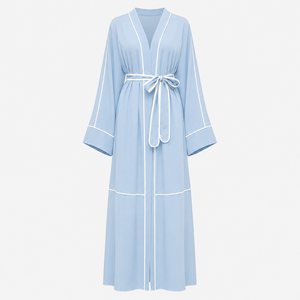 New ODM Customized Women Modest Polyester Open Front Matching <b>Belt</b> Piping Soft Comfortable Fabric V Neck Long Sleeve Quick Dry - Product Image 1