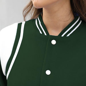 <b>Women's</b> Green Varsity <b>Jacket</b> With <b>White</b> Trim Full Sleeve Turn-down Collar Solid Color Short Length Autumn Wear - Product Image 4