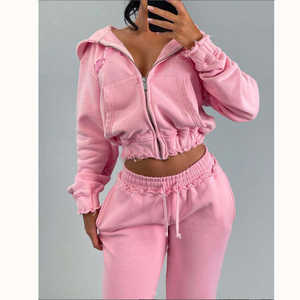Conjunto de 2 Piezas para Mujer, Chaqueta Corta con Cremallera y Pantalones Deportivos de Invierno, Color Rosa, Forro Polar, Ropa Casual - Product Image 5