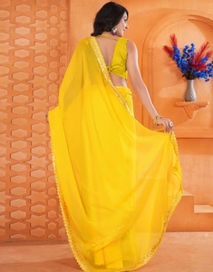KV Women's Traditional Georgette Rayon Yellow Embellished Designer <b>Saree</b> Wrinkle-Free Reversible Party Unstitched <b>Blouse</b> - Product Image 6