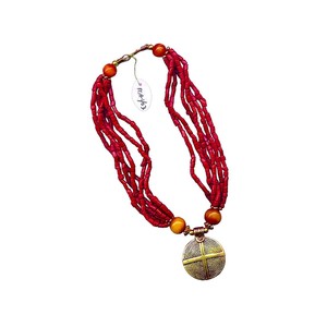 Layered Red Beaded Necklace with Round Gold Tone Pendant, Chunky Boho Ethnic Beaded Statement Jewelry for Women - Product Image 6