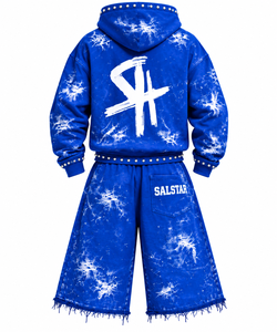 Ensemble 2 pièces pour homme : sweat à capuche graphique bleu et short ample – Survêtement streetwear oversize avec logo personnalisé – Tenue décontractée hip-hop - Product Image 2