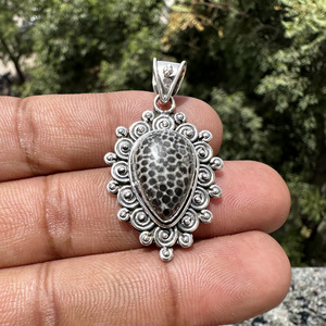 Handmade Black Coral Fossil Teardrop Pendant 925 Sterling Silver Bohemian <b>Statement</b> Filigree Pendant Wholesale Jewelry - Product Image 3