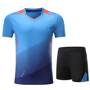 Ensemble de t-shirt et short de tennis de table personnalisé en polyester sublimé respirant à col en V et taille élastique pour unisexe, badminton, tennis - Product Image 1