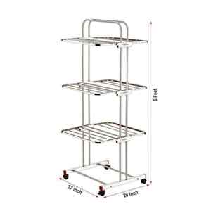 Movable Three Tier Stainless Steel Laundry <b>Drying</b> <b>Rack</b> Portable <b>Foldable</b> Floor Cloth Stand Chrome Plated Airer With Wheels - Product Image 2