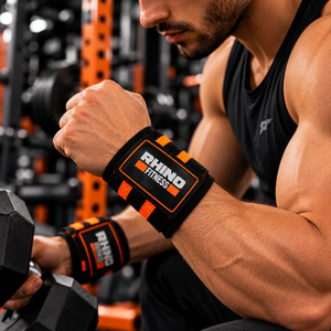 ผ้าพันข้อมือยกน้ำหนัก Rhino Fitness สีดำส้ม ทำจากผ้าฝ้าย พร้อมห่วงนิ้วโป้ง สำหรับมือซ้าย - Product Image 5