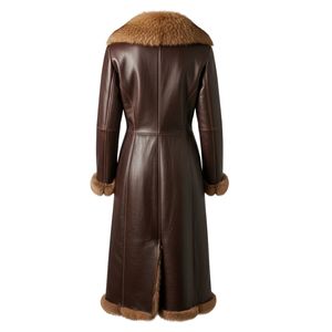 Abrigo de cuero con ribete de piel lujosa, abrigo largo de cuero genuino con cuello de piel para mujer, alta calidad - Product Image 6