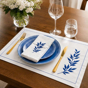 Custom Classic Washable Reuse Embroidery Blue Leave <b>Placemats</b> Napkins Sets 100% Cotton Line Border Mats Home Wedding Events - Product Image 3