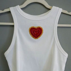Débardeur en coton brodé de perles en forme de cœur, sans manches, coupe courte, pour femme, col rond, tricoté, décontracté, été, meilleur prix - Product Image 1