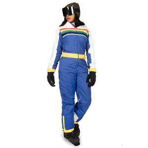 Custom Women One Piece Ski Suit Waterproof Windproof Retro <b>Rainbow</b> Stripe Snowboard <b>Jumpsuit</b> with Hood and Belt - Product Image 5