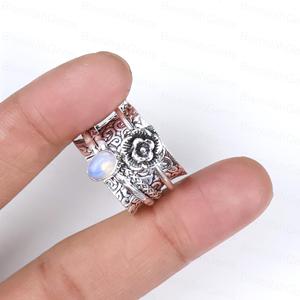 925 Sterling <b>Silver</b> Plated <b>Spinner</b> Opalite <b>Ring</b> for Women Vintage Handmade Floral Rose Detail Wide Band Wholesale Jewelry - Product Image 2