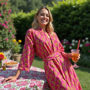 Golden Fuchsia Heritage Elégant Kimono Robe Robe Urban Bloom Fuchsia Rose Jaune Buti Classique Élégance Plus Size Femme - Product Image 1