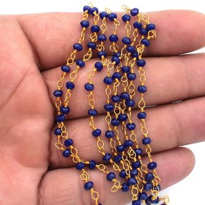 Lapis Lazuli Hydro Faceted Round Beads Rosary Chain 3mm Gold Plated Wire Wrapped Link Chain Wholesale - Product Image 6