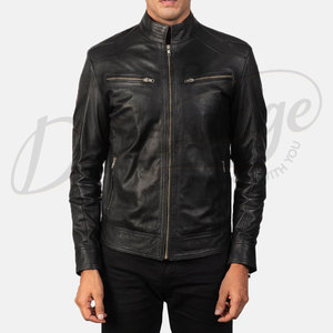 Veste de motard en cuir véritable noir de qualité supérieure pour homme, coupe ajustée, col montant, multi-zippée, style décontracté, streetwear - Product Image 3