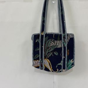 Animal Print Textile Shopping <b>Bag</b> <b>Medium</b> Size Long Handle Zipper Closure Beach <b>Tote</b> Kids Size 8x8 Inches Quilted Cotton - Product Image 3