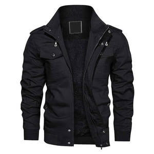 Blouson bomber noir uni décontracté d'hiver doublé polaire à col montant zippé, vêtement de travail tactique, vêtement d'extérieur - Product Image 1