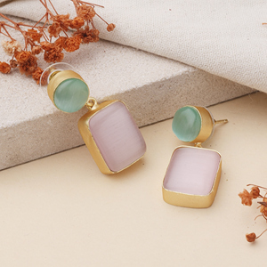 Handcrafted Dual Tone Cat Eye Stone <b>Dangle</b> <b>Earrings</b> <b>Gold</b> Plated Brass Pink Green Statement <b>Earrings</b> for Women Elegant Bohemian - Product Image 1