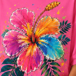 Camiseta Extra Grande Rosa Intenso para Mujer con Estampado Gráfico de Flor de Hibisco Colorida, Camiseta Casual de Algodón para Verano, Personalizada OEM ODM al por Mayor - Product Image 6