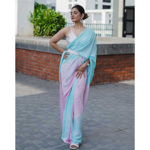 Sari de mariage élégant et raffiné pour femmes, sari de créateur stylé, idéal pour la mariée, sari bleu avec manches spaghetti. - Product Image 5