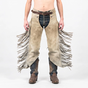 Chaps western pour homme en cuir véritable, taille haute, avec franges, fermeture à boucle, coupe classique, poche en cuir pour l'équitation - Product Image 2