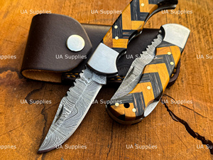 Couteau pliant premium en acier Damas, manche en bois, pointe clip, qualité industrielle, vente en gros, personnalisation d'usine, format de poche - Product Image 5
