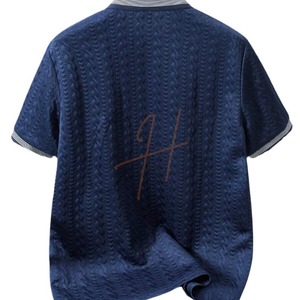 Camisa de Manga Corta para Hombre, Jacquard, Azul Oscuro, Ribete en Contraste, Corte Holgado, Informal, Tejida, 100% Algodón, Ecológica, de Secado Rápido - Product Image 2