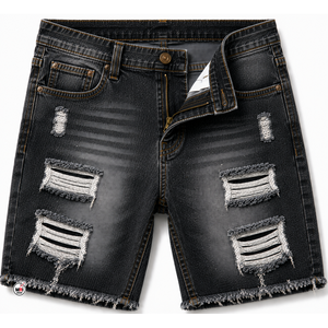 <b>High</b> Quality Mens Ripped Denim Shorts Quick Dry Casual Style 100% Cotton Breathable Woven Fabric Bermuda Mid Waist Button Fly - Product Image 3