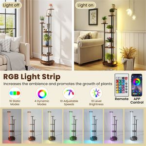 Portavasi a 6 livelli marrone rustico con striscia luminosa RGB, controllo tramite APP e telecomando per l'arredamento della casa - Product Image 5