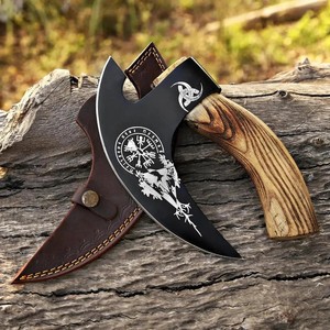 Hache à pizza industrielle forgée à la main, sur mesure, style viking, manche en bois, acier au carbone, 9 lames, étui en cuir - Product Image 1