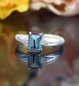 <b>Emerald</b> Cut Alexandrite <b>Ring</b> in <b>Silver</b> Elegant Engagement <b>Ring</b> Color Change Gemstone Wedding Promise <b>Ring</b> for Women - Product Image 1