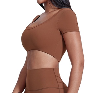 Top Deportivo Corto de Nailon de Color Sólido, Camiseta de Manga Corta para Mujer, Chaleco de Yoga y Gimnasio, de Secado Rápido, Transpirable, con Relleno en el Pecho - Product Image 3