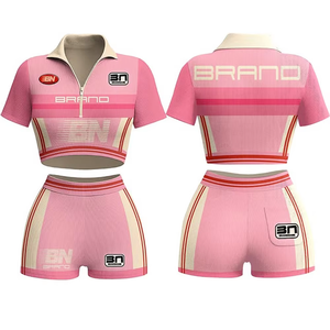 Brand Pink Crop <b>Top</b> Set Short Sleeve Turn-down Collar Sublimation Print Quick Dry Knitted Summer Casual Women's Outfit - Product Image 1