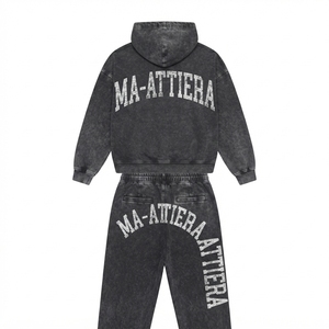 Conjunto de Sudadera con Capucha Negra Lavada Personalizada y Pantalones Anchos de Felpa para Mujer, Chándal de Algodón Estilo Urbano OEM ODM - Product Image 3
