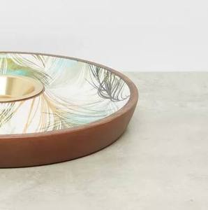 Round Wood <b>Decorative</b> <b>Plate</b> with Plant Pattern Handpainted Bohemian Design Gold Center Bowl Wedding Dinner Dishwasher Safe - Product Image 4