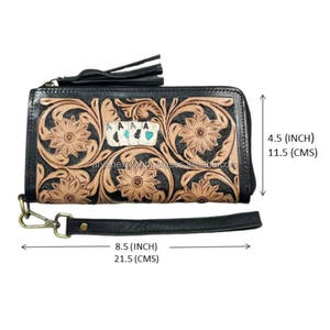 กระเป๋าสตางค์หนังแท้ลายดอกไม้สไตล์วินเทจทำมือพรีเมียม พร้อมซิป สายคล้องมือ ดีไซน์ใส่บัตร  กระเป๋าถือสำหรับผู้หญิง - Product Image 2
