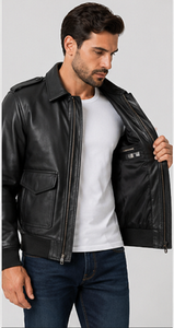 Men's Genuine Sheep Skin Vintage Bomber Jacket Zip Front Winter Premium Outerwear Casual Stylish Windproof <b>Heated</b> Turn-down - Product Image 4