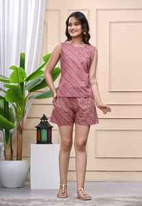 Ensemble deux pièces pour femmes, imprimé ethnique rose, haut sans manches en coton avec short décontracté, tenue décontractée - Product Image 3