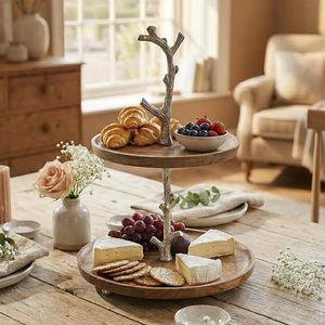 Natural Acacia Wood Eco-Friendly 2-Tier <b>Cake</b> Stand Metal Branch Handle Dishwasher Safe Dessert Display <b>Server</b> for Wedding Party - Product Image 2