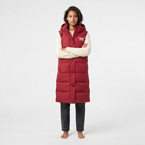 Women Long Quilted Puffer Jacket Vest Hooded Winter <b>Coat</b> Full Zip Solid Red Color Thick Polyester Outerwear - Product Image 3