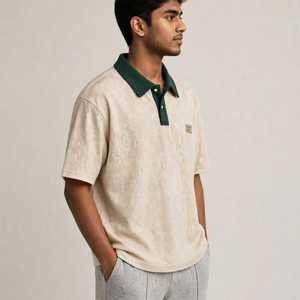 Camiseta de Golf para Hombre, Color Beige, Tejido Waffle, Secado Rápido, Manga Corta, Cuello Verde, Color Sólido, Estilo Casual - Product Image 3