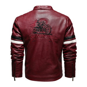 Blouson de moto en cuir PU rouge pour homme, style motard, col montant, fermeture éclair, coupe ajustée, pour l'automne - Product Image 2