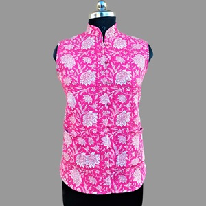 Pink Winter Quilted Cotton Handblock Printed Floral Eco-Friendly Windproof Vintage Crop Jacket Reversible Waistcoat Design 300g - Product Image 1