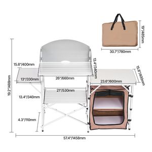 Tavolo da Cucina Portatile a 2 Livelli per Esterni, Marrone, Pieghevole con Borsa con Cerniera per Barbecue, Feste e Campeggio - Product Image 4