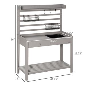 Tavolo da Giardinaggio Grigio con Lavello Rimovibile, Ganci, Cestini e Rete Metallica, Soluzione Pratica per lo Stoccaggio - Product Image 3
