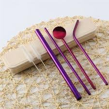 Purple Metal <b>Drinking</b> <b>Straws</b> Set of 4 Reusable Bar Accessories Modern Style - Product Image 3