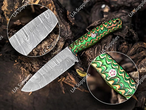 มีดทำมือคุณภาพสูง เหล็กดามัสกัส คมกริบ ใบมีดแบบดรอปพอยต์ 8 นิ้ว สำหรับกิจกรรมกลางแจ้ง ยุทธวิธี เอาตัวรอด ล่าสัตว์ ด้ามไม้ปักก้า - Product Image 2