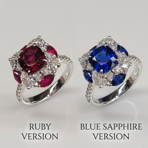 Solid 18K White Gold Genuine Cushion Cut Red Ruby and Diamond Floral Cluster Halo Statement Ring with Marquise Accents for Women - Product Image 4
