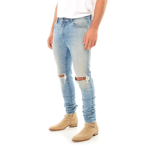 Jeans en denim noir et bleu déchirés à trous, coupe droite, tricotés, délavés moyennement, pour hommes, design de mode personnalisé, été - Product Image 5